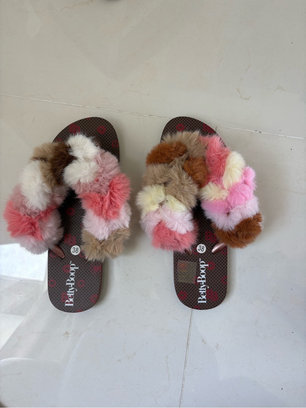 Betty Boop Multicolor Faux Fur Slide Sandals - Pink, Brown & Cream